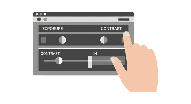 Hand Adjusting Image Settings Exposure and Contrast on Software Interface Illustration