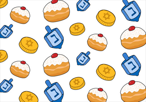 similyar hanukah Seamless Hanukkah pattern with hand drawn blue dreidels, sufganiyah donuts and golden gelt coins on white background. Festive vector repeat for wrapping paper, fabric, packaging and h