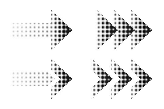Halftone arrows set. Different dotted arrows with halftone effect. Dynamic pointers. Modern navigation or direction signs. Vector.