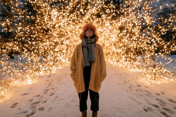 Fototapeta premium Individual under dense holiday light tunnel in snow for winter banner and festive background with warm glowing decorations and street scene