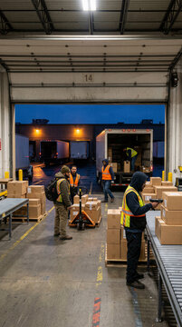 Warehouse workers loading parcels onto trucks during nighttime logistics and distribution operations
