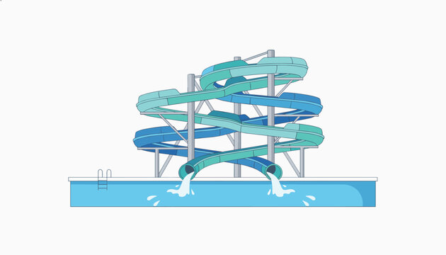 Fun water slide complex with twisting blue and green slides splashing fresh water directly into an outdoor pool.