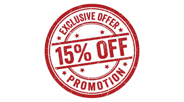 Red circular stamp declares exclusive offer with fifteen percent off promotion