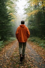 Fototapeta premium Man walking along a green forest road in autumn wearing an orange jacket for background and banner design, peaceful outdoor lifestyle scene for seasonal use