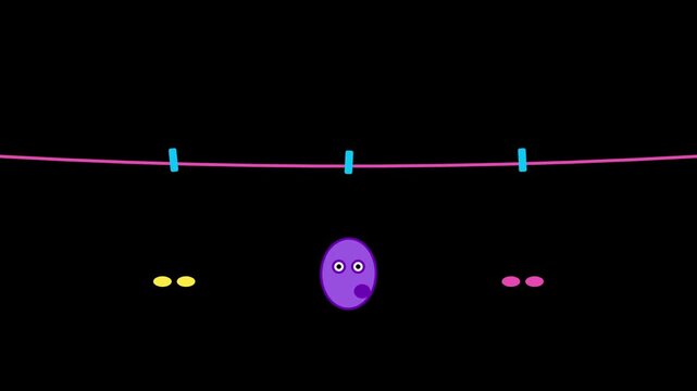 Minimalist cartoon animation of purple cell organism jumping on clothesline with colorful pegs against black background for educational concept.