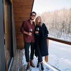 Fototapeta premium Couple on snowy cabin balcony holding wine glasses romantic winter retreat background for lifestyle banner and holiday getaway