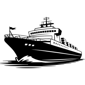 Black and white cargo ship sailing in ocean vector illustration isolated on white background for marine logo design