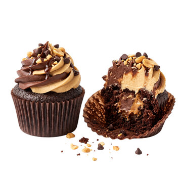 Delicious chocolate and peanut butter cupcakes with chocolate chips and nuts transparent background