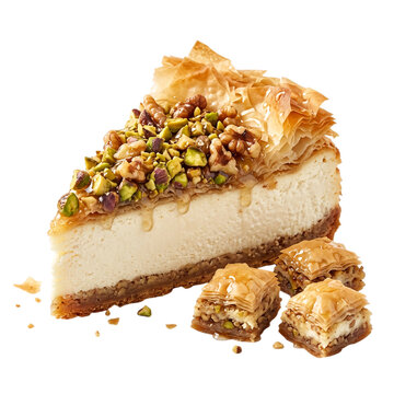 Delicious slice of cheesecake topped with flaky pastry and nuts transparent background