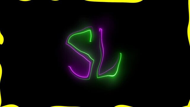 Neon glowing sl monogram animation with dynamic color shift and wavy yellow border