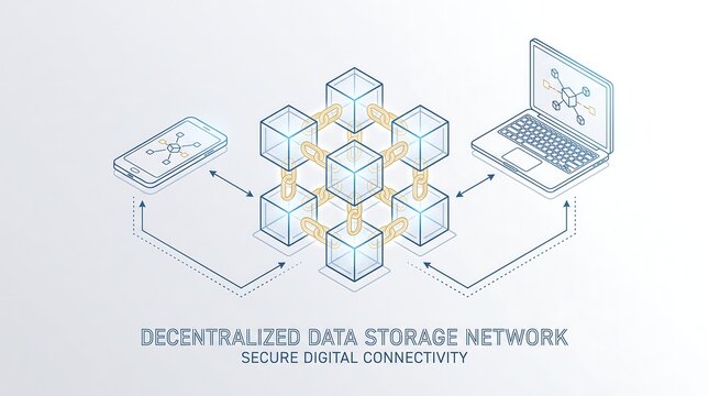 Decentralized data storage network isometric graphic, secure digital connectivity conceptual banner, blockchain technology concept illustration