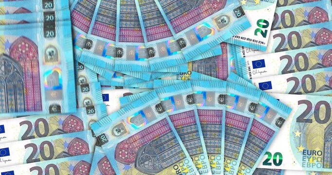 European money Euro banknotes in a cash fan mosaic pattern loop. EU 20 EUR notes. Abstract concept of bank, finance, economy seamless and looped design background.