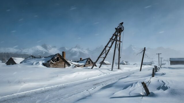 Snow-covered rural landscape with tilted windmill and abandoned buildings in winter