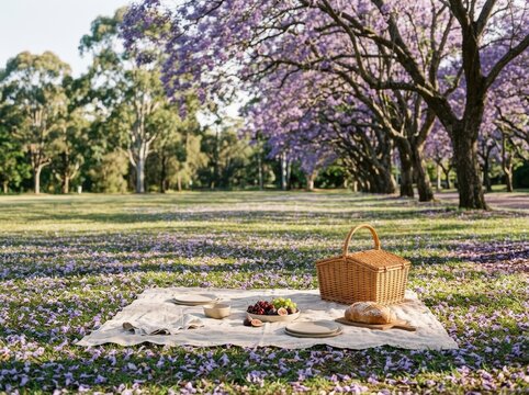 Picnic Blanket Spread On Grass In Sunny Park