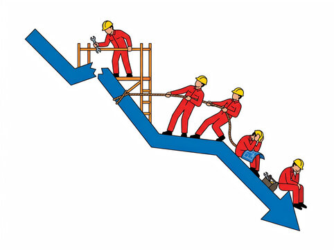 Illustration of workers trying to fix a broken downward trend arrow graph, isolated on white background