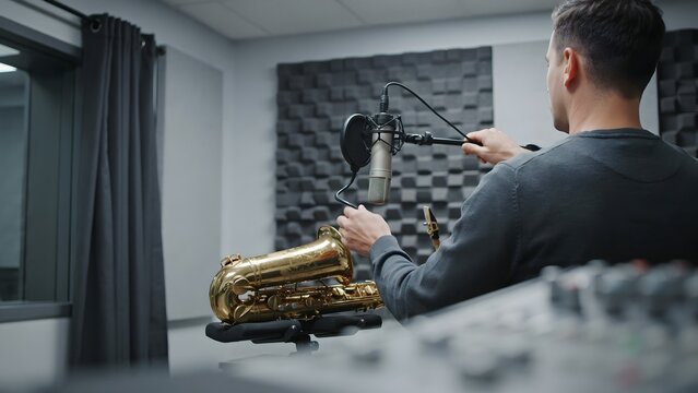 Male musician recording vocals with professional microphone, music studio setting