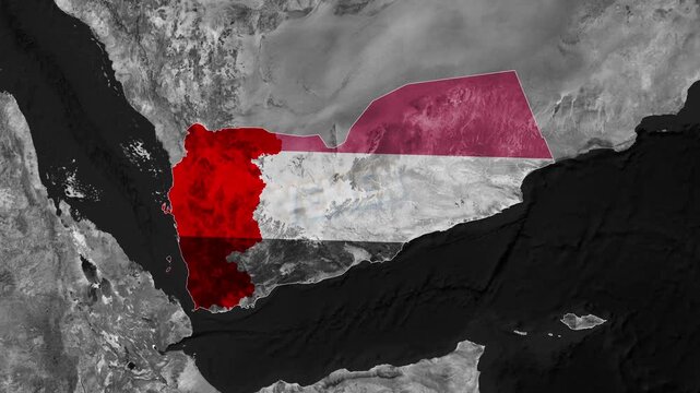 Yemen Flag Map Silhouette Highlighted Red Satellite View Animation