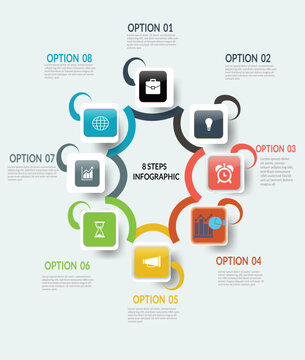 Modern 8-step circular business infographic template with colorful rounded icons, process flow, and options