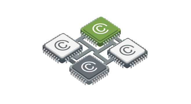 Isometric CPU Chip Network with Copyright Symbols for Intellectual Property and Digital Rights Protection Concept
