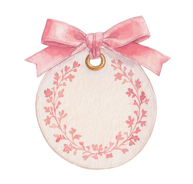 Watercolor Pink Christmas Gift Tag with Floral Wreath and Bow
