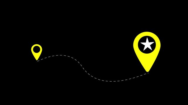 Animated yellow map location pin with dotted path line on black background, navigation