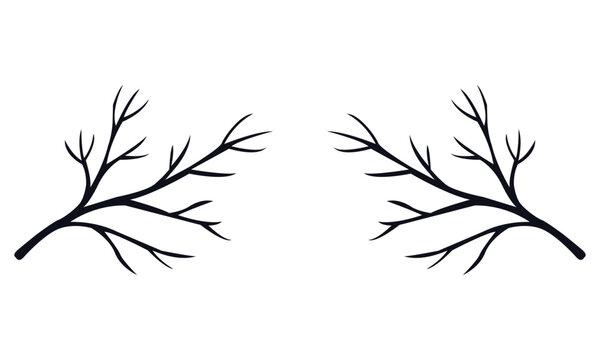 Two black silhouettes of bare winter branches or twigs