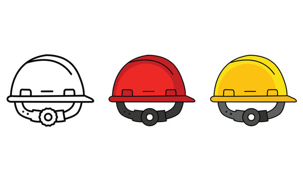 Set of safety construction hardhats, line art outline and colorful vector illustrations