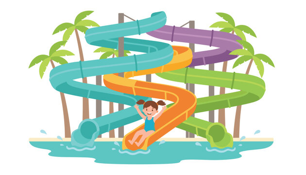 Exciting water park scene featuring massive colorful twisting waterslides and palm trees surrounding a pool.