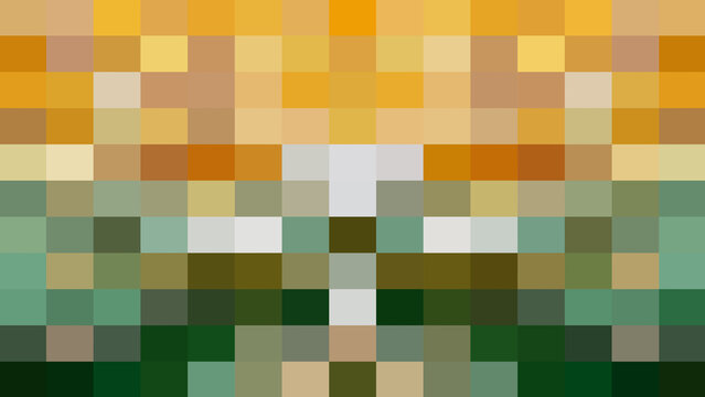 Vibrant pixelated abstract background featuring colorful mosaic blocks transitioning from bright golden yellow and orange to deep forest green for a unique digital art composition