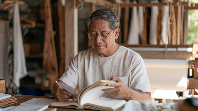 Indonesian batik craftsman at his workshop table comparing two microfinance loan options for equipment purchase, repayment burden calculation written in a composition book, looms