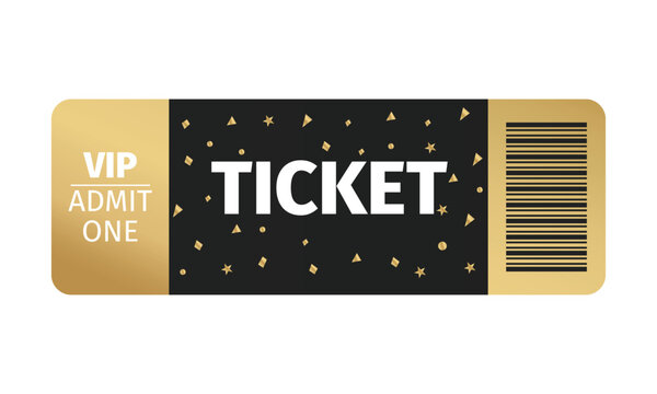 Black and gold vip admit one ticket, party pass with confetti pattern and barcode