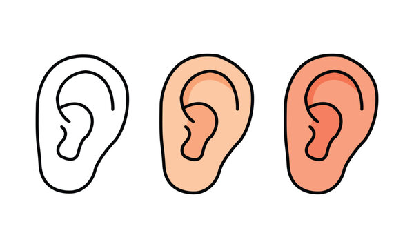 Three stylized human ear icons in different stages of color fill, from outline to peach tones