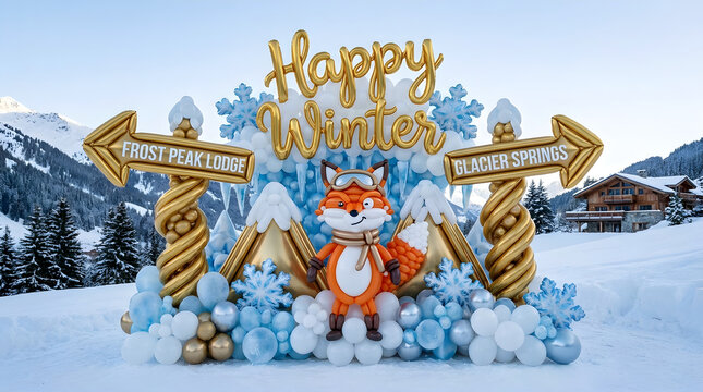 A charming winter scene featuring a fox amidst an elaborate ice and snow sculpture display