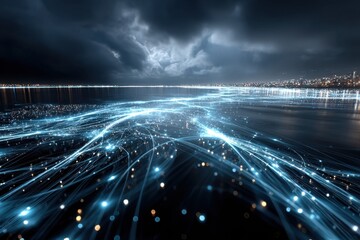 Fototapeta premium Luminous network over dark water with city lights