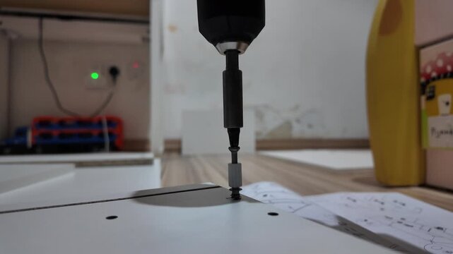 Electric drill drives screw into white panel. Handheld tool tightens fastener with precision. Background shows workbench and tools. Scene suggests home improvement or DIY task