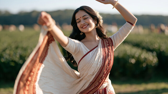 A young Assamese woman in mekhela chador performs bihu dance movements in an open tea garden, rows of tea bushes behind, northeastern India culture, harvest celebration,