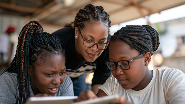 Congolese teenage girls practice coding on shared tablets supervised by a female tech volunteer inside a converted shipping container classroom, digital skills training, African