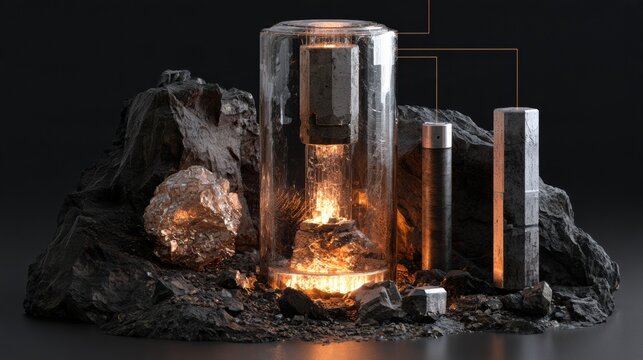 The scene displays a thorium fuel cycle concept with a reactor, surrounding rocks, and thorium mineral resource as raw material.