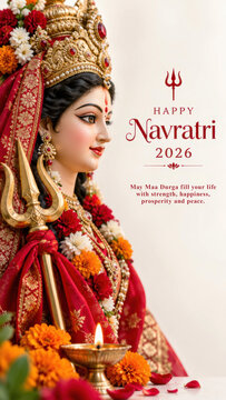 Happy navratri 2026 greeting beside a jeweled maa durga idol, trishul with floral garlands above a puja lamp, strength happiness prosperity peace wishes