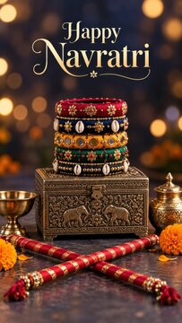 Navratri garba accessory card with happy navratri calligraphy, embellished bangles on an elephant chest above crossed dandiya sticks, traditional festive styling