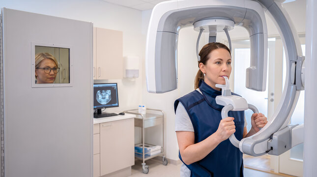 Dental panoramic X-ray machine scanning patient, oral imaging and diagnostic dentistry