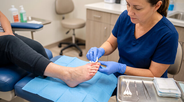 Healthcare worker treating infected toe, wound cleaning, podiatry care and infection management