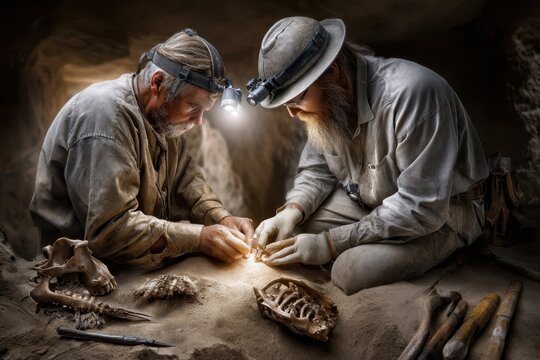 Excavation of ancient bones by two archaeologists in a dark cave environment