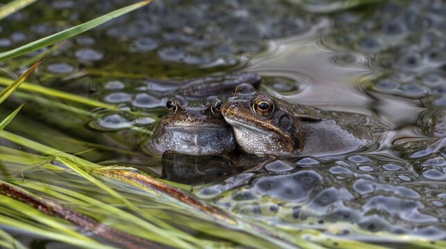 Two European common brown frogs (Rana temporaria) on frogspawn in pond during the spawning season in spring