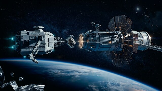 Advanced Spacecraft Docking with Satellite Orion near Earth's Surface and Star Field