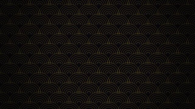 Art deco style seamless pattern with golden concentric semicircles on a black background