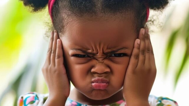 Close-up of a Grumpy African Girl Pouting and Holding Her Ears