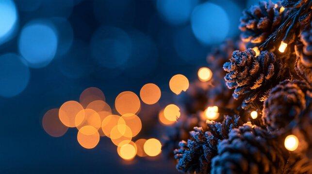 Christmas Pine Cones with Warm Fairy Lights on Bokeh Background
