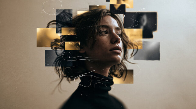 Conceptual Portrait of Woman with Fragmented Thoughts and Memories