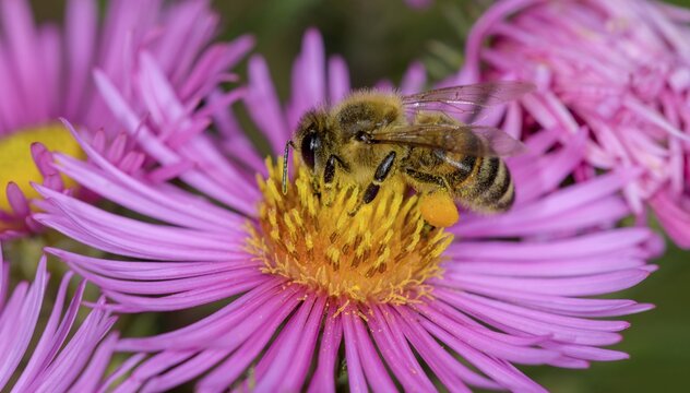 Honey bee (Apis mellifera) on Asterflower (Aster), Berndorf, Lower Austria, Austria